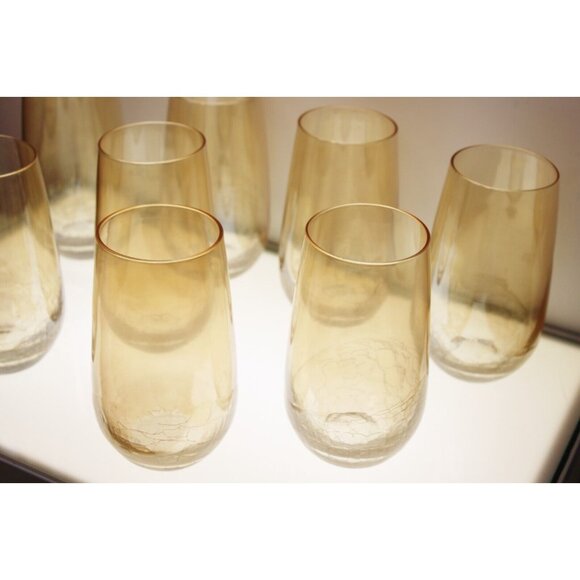 8 Pier One Crackle Lusterware Stemless Wine Hiball Glasses Drinking Amber Tall - Picture 3 of 6